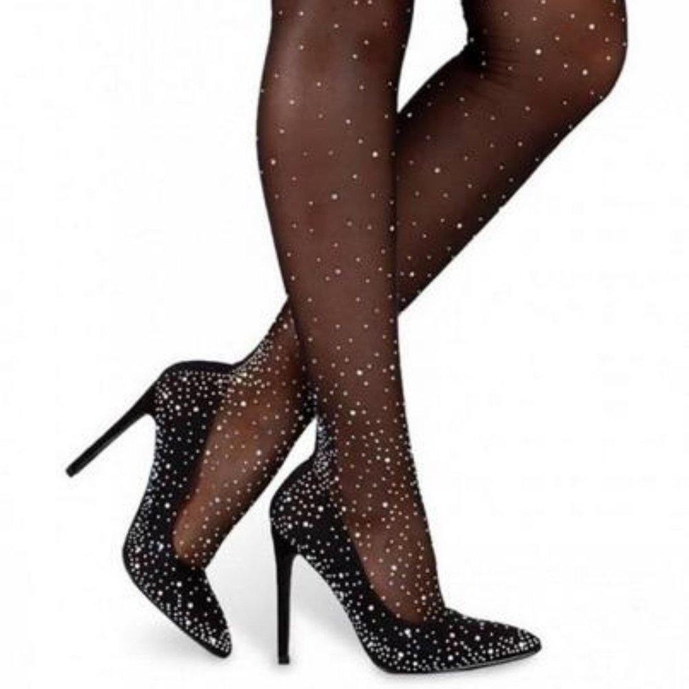10 Black Rhinestone Thigh High stocking high heels